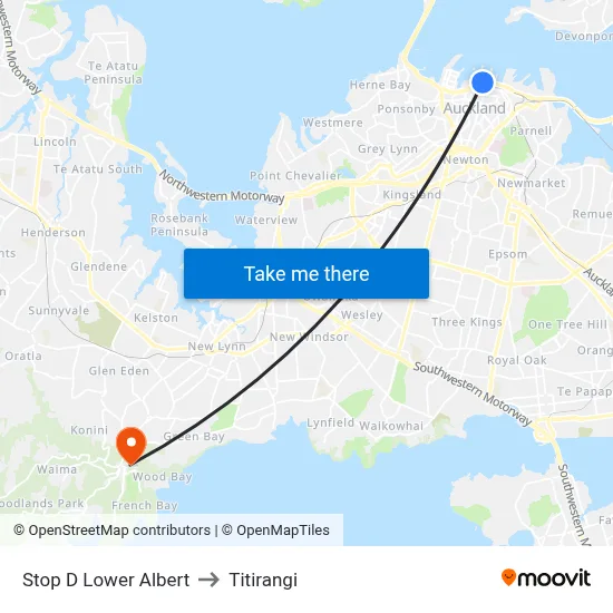 Stop D Lower Albert to Titirangi map