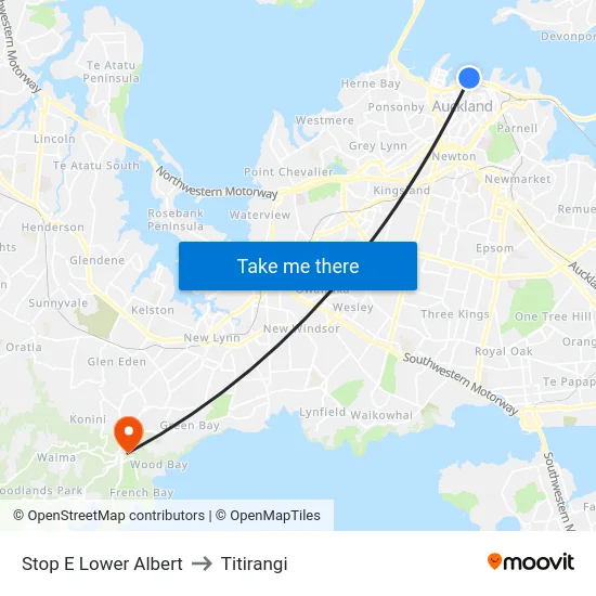 Stop E Lower Albert to Titirangi map