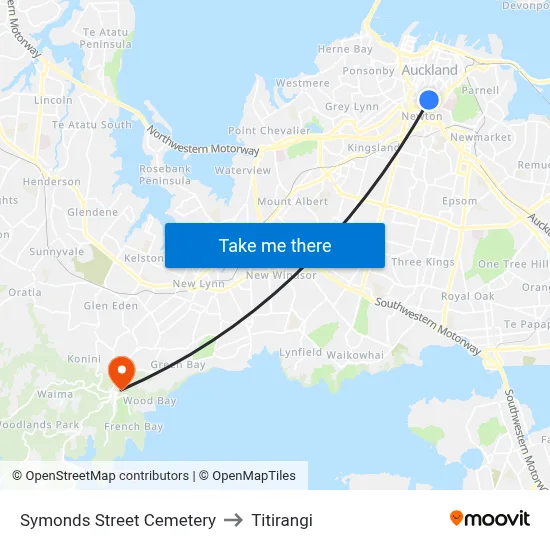 Symonds Street Cemetery to Titirangi map
