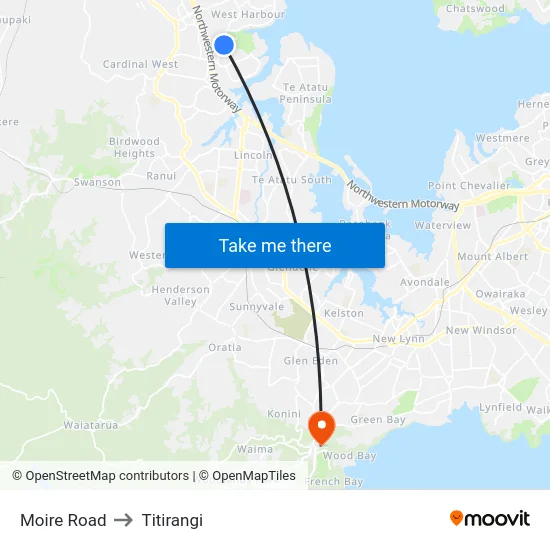 Moire Road to Titirangi map