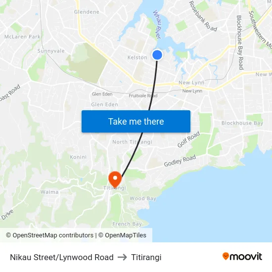 Nikau Street/Lynwood Road to Titirangi map