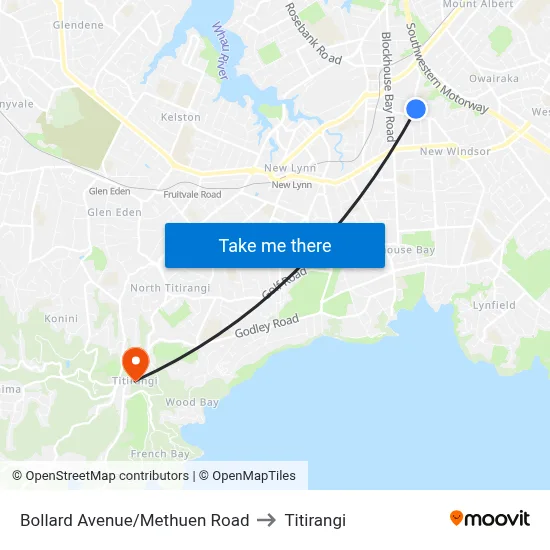 Bollard Avenue/Methuen Road to Titirangi map