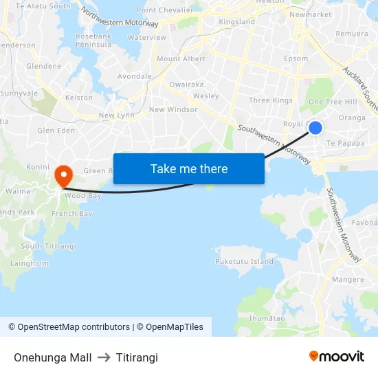 Onehunga Mall to Titirangi map