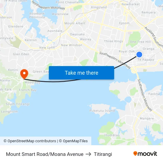 Mount Smart Road/Moana Avenue to Titirangi map