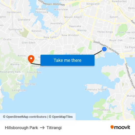 Hillsborough Park to Titirangi map