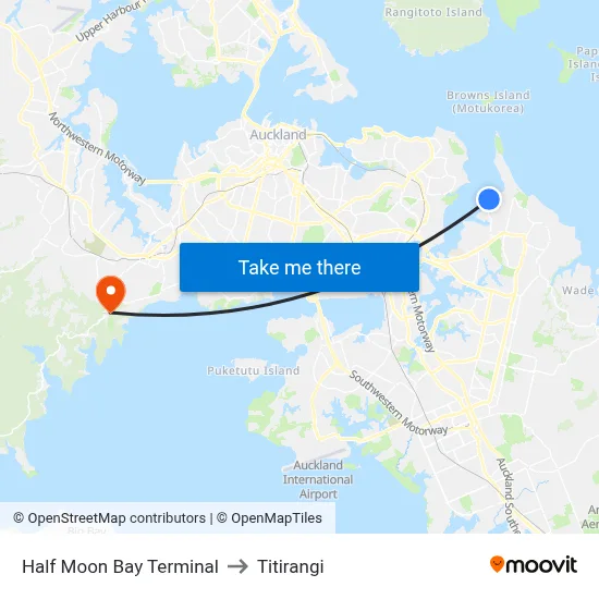 Half Moon Bay Terminal to Titirangi map