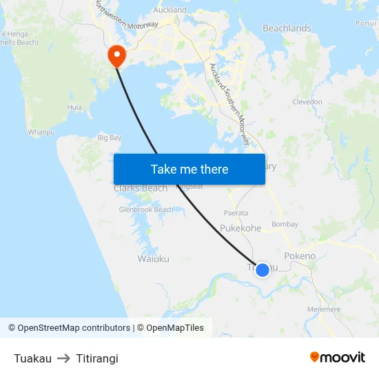 Tuakau to Titirangi map