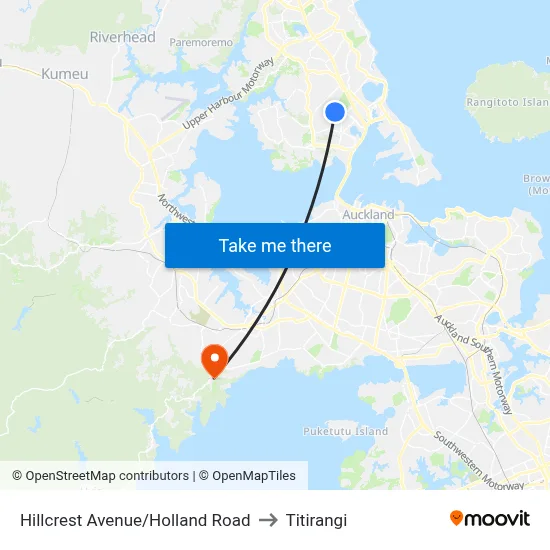 Hillcrest Avenue/Holland Road to Titirangi map