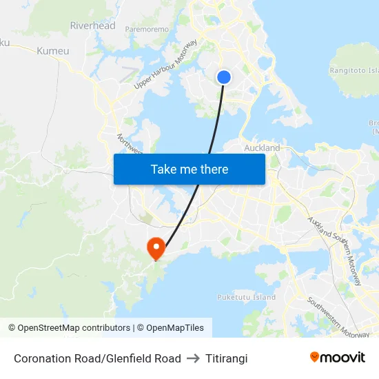 Coronation Road/Glenfield Road to Titirangi map