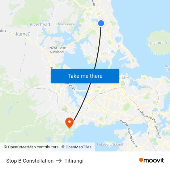 Stop B Constellation to Titirangi map