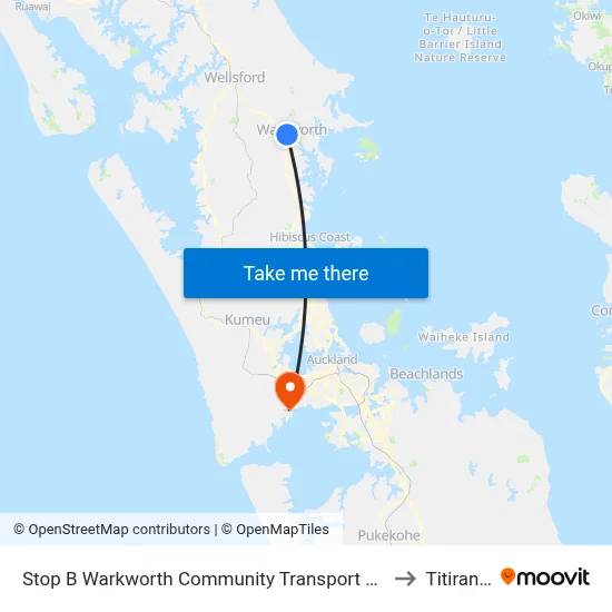 Stop B Warkworth Community Transport Hub to Titirangi map