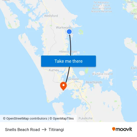 Snells Beach Road to Titirangi map