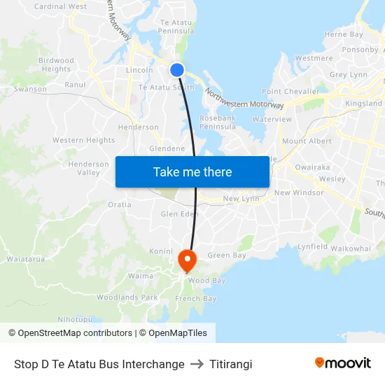 Stop D Te Atatu Bus Interchange to Titirangi map