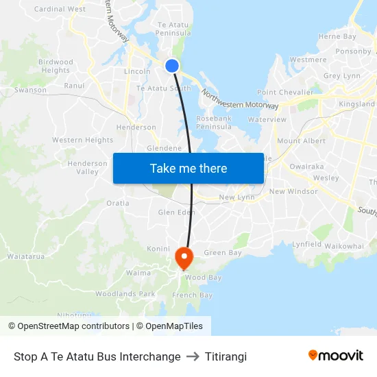 Stop A Te Atatu Bus Interchange to Titirangi map