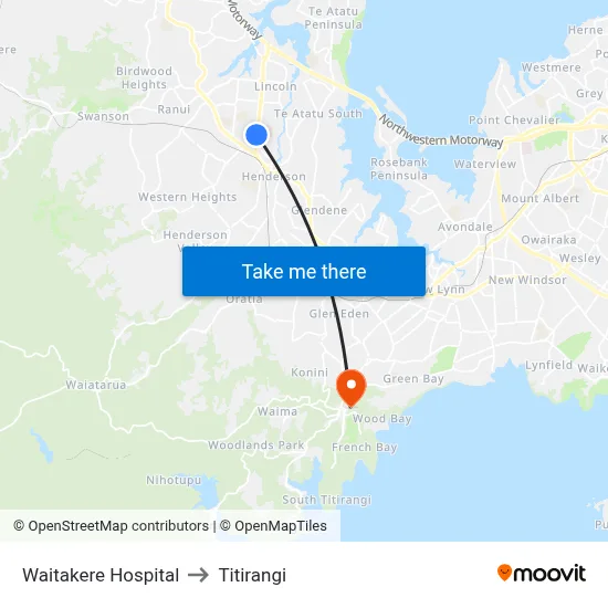 Waitakere Hospital to Titirangi map