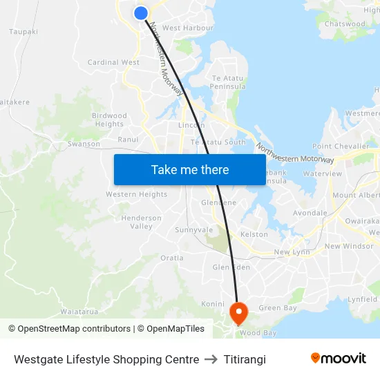 Westgate Lifestyle Shopping Centre to Titirangi map