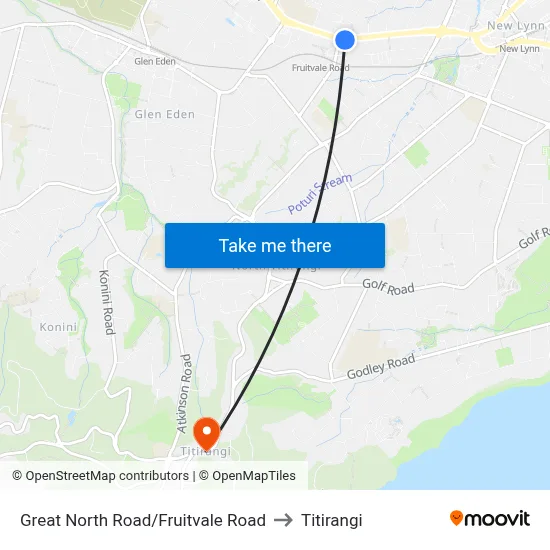 Great North Road/Fruitvale Road to Titirangi map