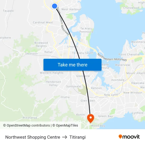Northwest Shopping Centre to Titirangi map
