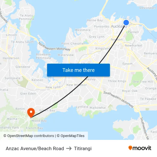 Anzac Avenue/Beach Road to Titirangi map