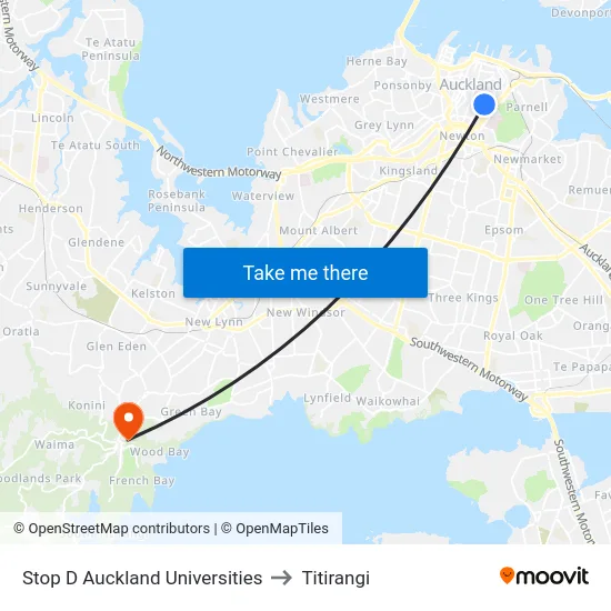 Stop D Auckland Universities to Titirangi map