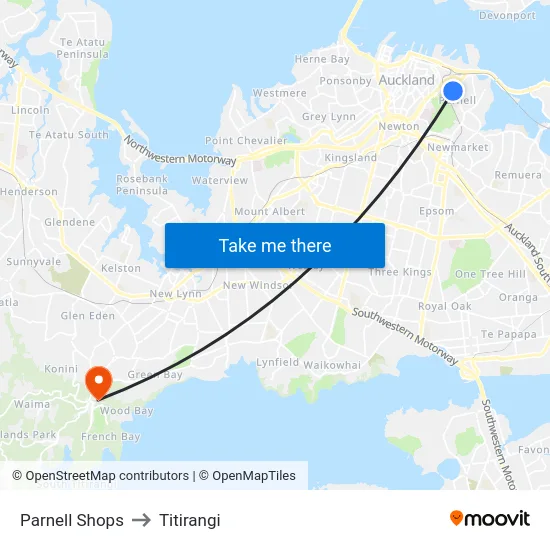Parnell Shops to Titirangi map