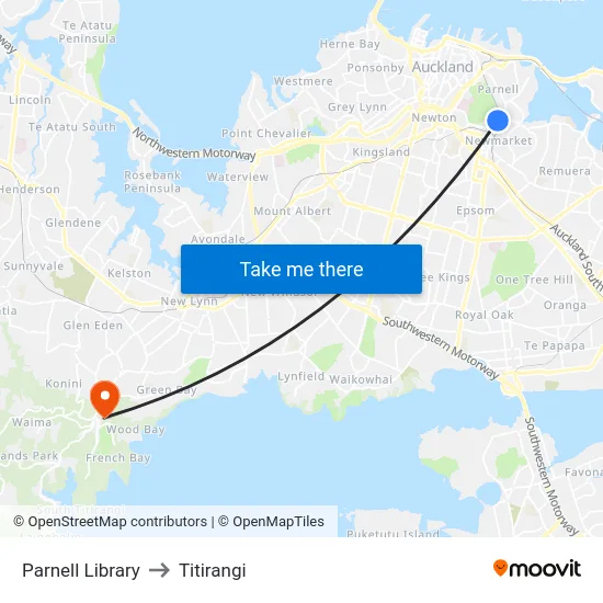 Parnell Library to Titirangi map