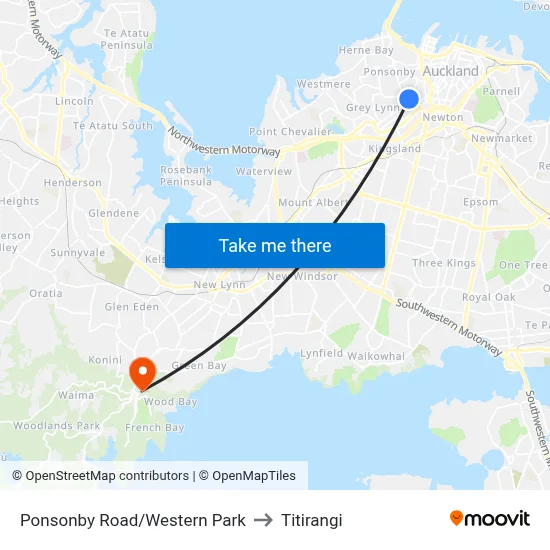 Ponsonby Road/Western Park to Titirangi map