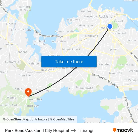 Park Road/Auckland City Hospital to Titirangi map