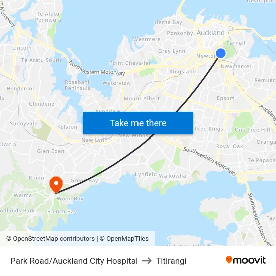 Park Road/Auckland City Hospital to Titirangi map
