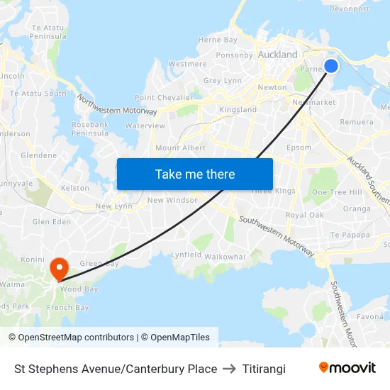 St Stephens Avenue/Canterbury Place to Titirangi map