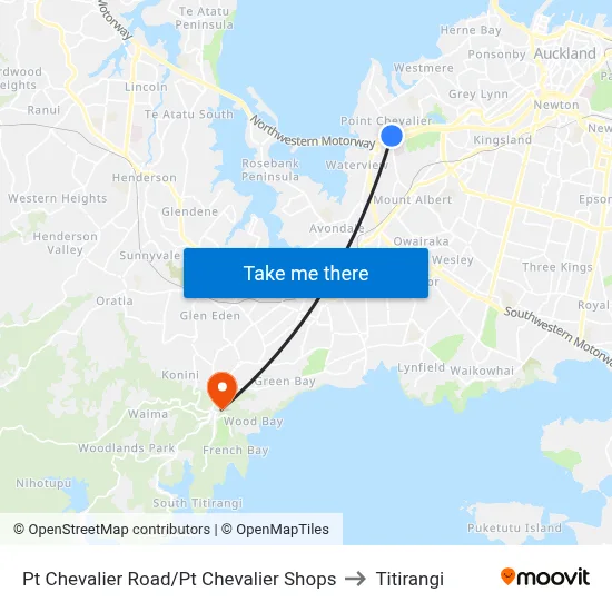 Pt Chevalier Road/Pt Chevalier Shops to Titirangi map