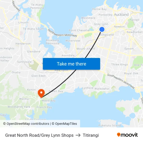 Great North Road/Grey Lynn Shops to Titirangi map