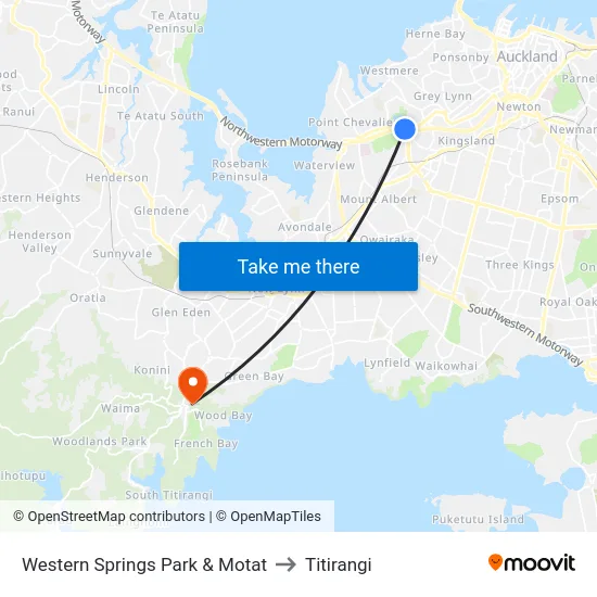 Western Springs Park & Motat to Titirangi map