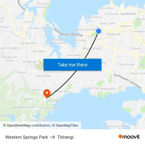 Western Springs Park to Titirangi map
