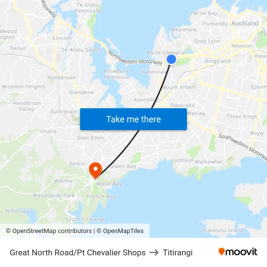 Great North Road/Pt Chevalier Shops to Titirangi map