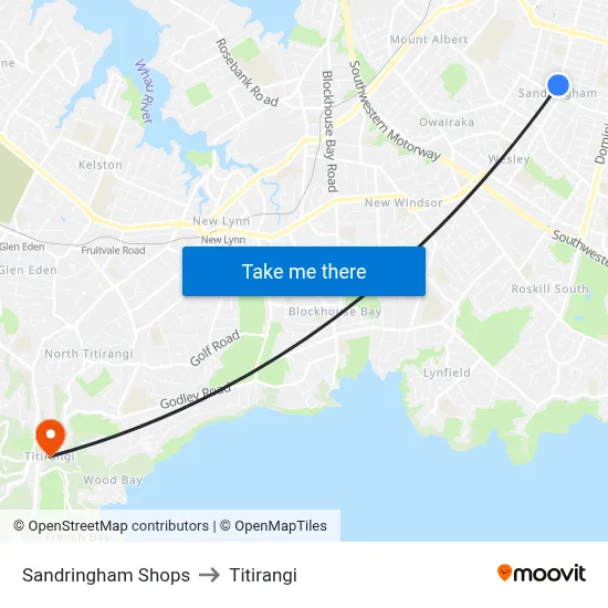 Sandringham Shops to Titirangi map