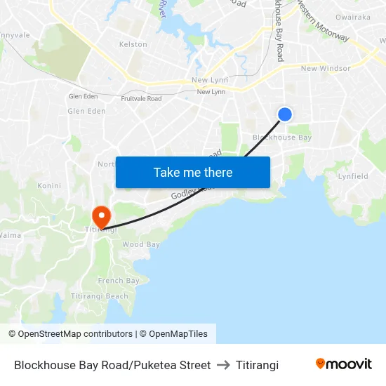 Blockhouse Bay Road/Puketea Street to Titirangi map
