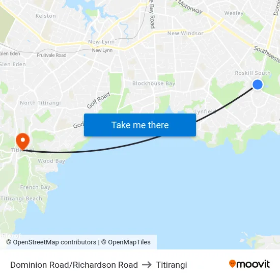 Dominion Road/Richardson Road to Titirangi map