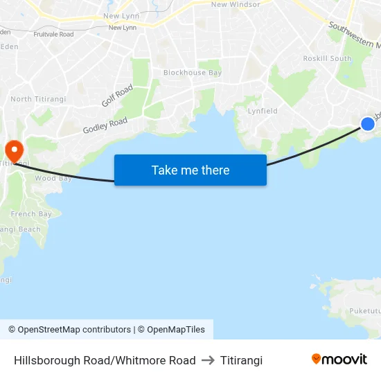 Hillsborough Road/Whitmore Road to Titirangi map