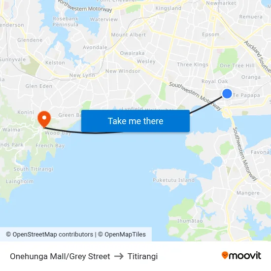 Onehunga Mall/Grey Street to Titirangi map