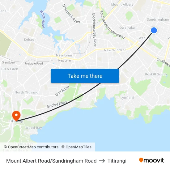 Mount Albert Road/Sandringham Road to Titirangi map
