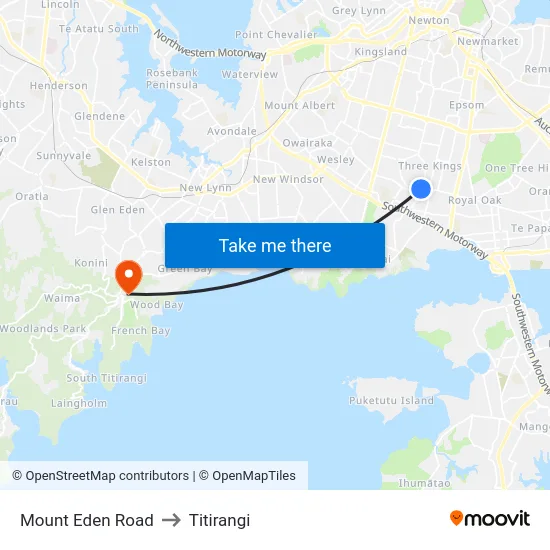 Mount Eden Road to Titirangi map