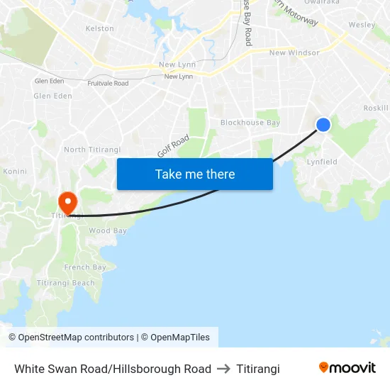 White Swan Road/Hillsborough Road to Titirangi map