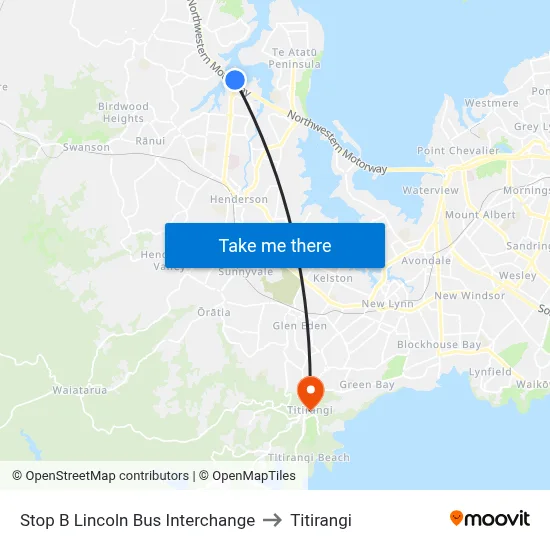 Stop B Lincoln Bus Interchange to Titirangi map