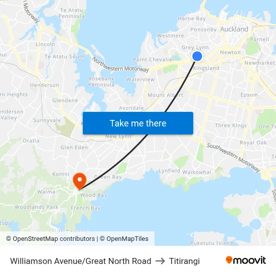 Williamson Avenue/Great North Road to Titirangi map