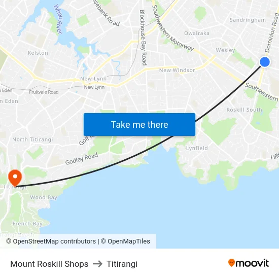 Mount Roskill Shops to Titirangi map