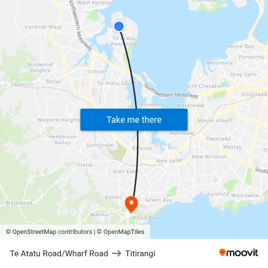 Te Atatu Road/Wharf Road to Titirangi map