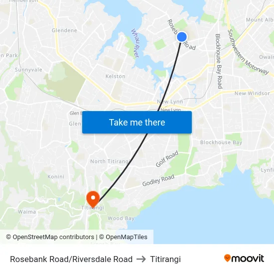 Rosebank Road/Riversdale Road to Titirangi map