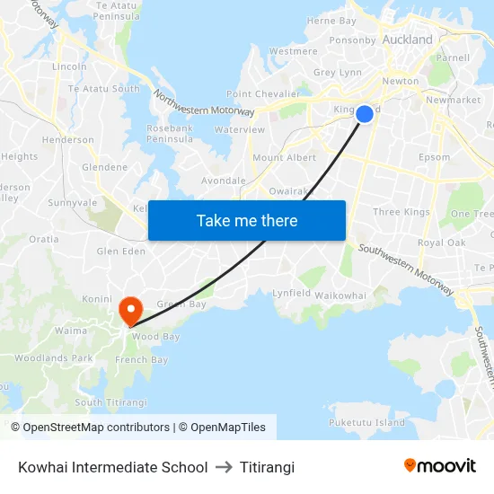 Kowhai Intermediate School to Titirangi map