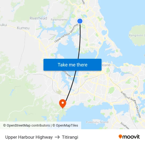 Upper Harbour Highway to Titirangi map